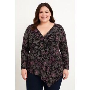 Venezia Womens Blouse Top 18-20 Asymmetrical Floral Black  Babydoll Casual